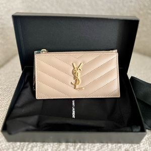SAINT LAURENT CASSANDRE MATELASSÉ ZIPPED CARD WALLET DARK BEIGE- NEW W/ BOX